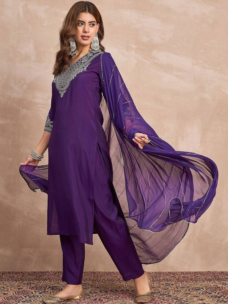 Ethnic Motifs Yoke Design Thread Work Straight Kurta With Trousers & Dupatta