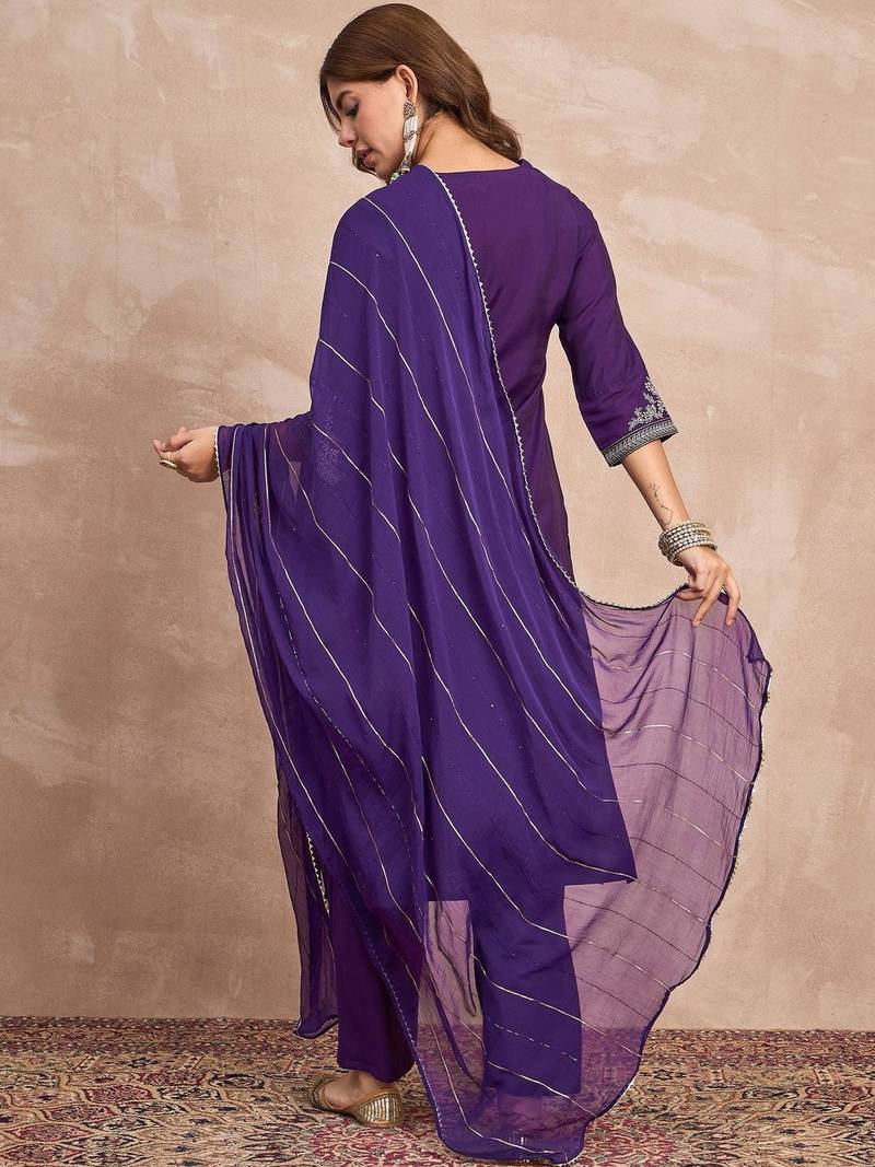 Ethnic Motifs Yoke Design Thread Work Straight Kurta With Trousers & Dupatta