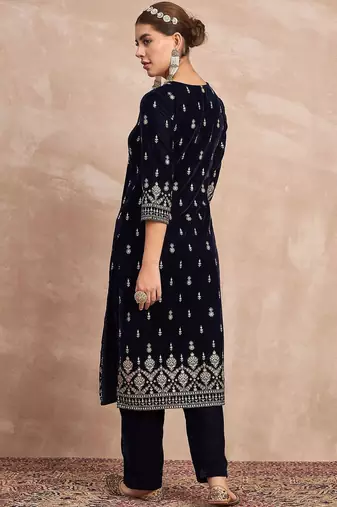 Ethnic Motifs Embroidered Zari Velvet Straight Kurta With Trousers