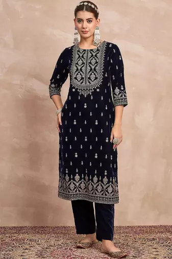 Ethnic Motifs Embroidered Zari Velvet Straight Kurta With Trousers