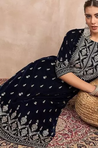 Ethnic Motifs Embroidered Zari Velvet Straight Kurta With Trousers