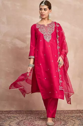 Paisley Embroidered Notch Neck Thread Work Straight Kurta With Trousers & Dupatta