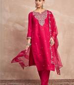 Paisley Embroidered Notch Neck Thread Work Straight Kurta With Trousers & Dupatta