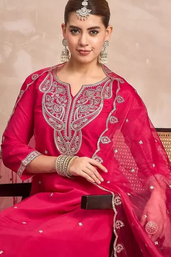 Paisley Embroidered Notch Neck Thread Work Straight Kurta With Trousers & Dupatta