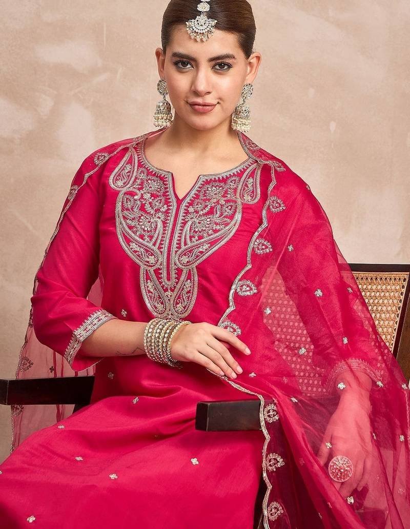 Paisley Embroidered Notch Neck Thread Work Straight Kurta With Trousers & Dupatta