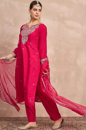 Paisley Embroidered Notch Neck Thread Work Straight Kurta With Trousers & Dupatta