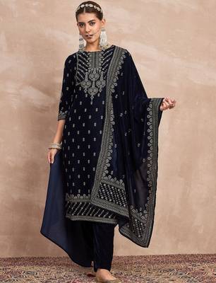 Ethnic Motifs Embroidered Zari Velvet Straight Kurta With Trousers & Dupatta 1