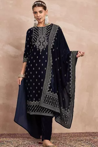 Ethnic Motifs Embroidered Zari Velvet Straight Kurta With Trousers & Dupatta