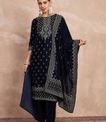 Ethnic Motifs Embroidered Zari Velvet Straight Kurta With Trousers & Dupatta