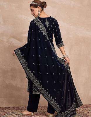 Ethnic Motifs Embroidered Zari Velvet Straight Kurta With Trousers & Dupatta 2