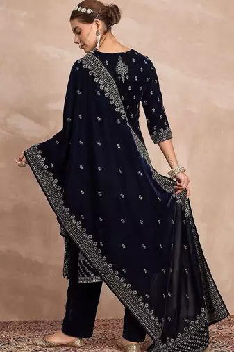 Ethnic Motifs Embroidered Zari Velvet Straight Kurta With Trousers & Dupatta