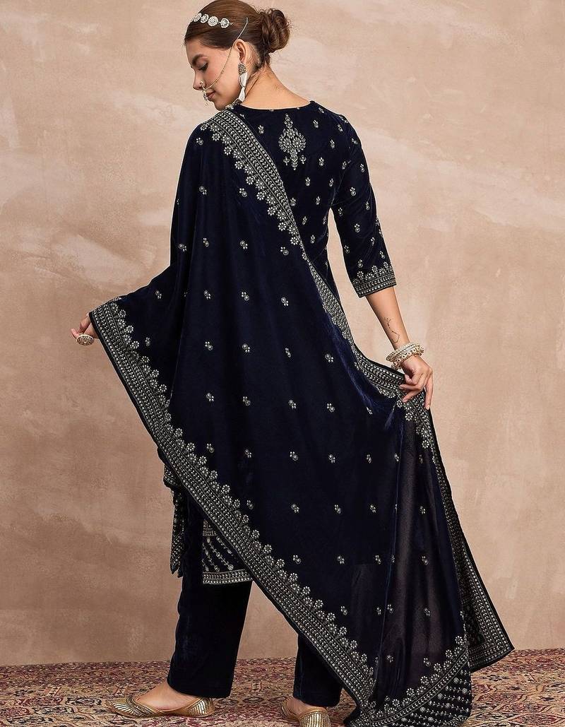 Ethnic Motifs Embroidered Zari Velvet Straight Kurta With Trousers & Dupatta