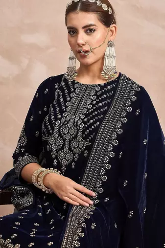 Ethnic Motifs Embroidered Zari Velvet Straight Kurta With Trousers & Dupatta