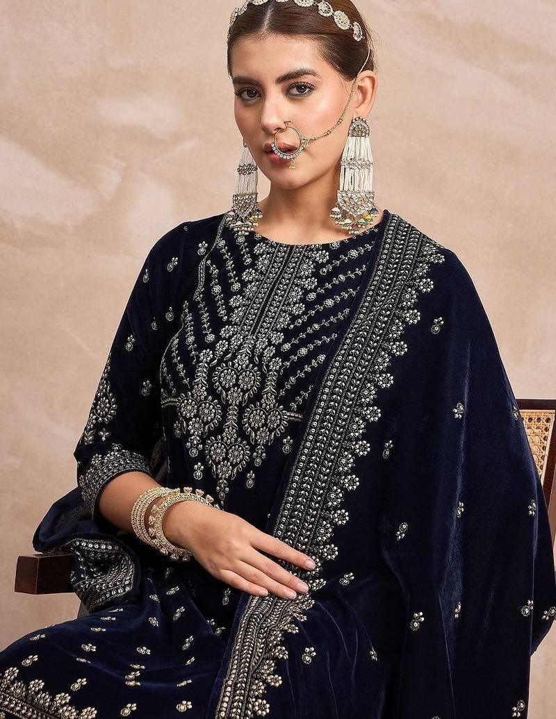 Ethnic Motifs Embroidered Zari Velvet Straight Kurta With Trousers & Dupatta
