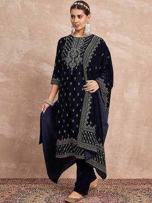 Ethnic Motifs Embroidered Zari Velvet Straight Kurta With Trousers & Dupatta 5