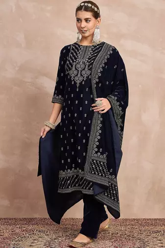 Ethnic Motifs Embroidered Zari Velvet Straight Kurta With Trousers & Dupatta