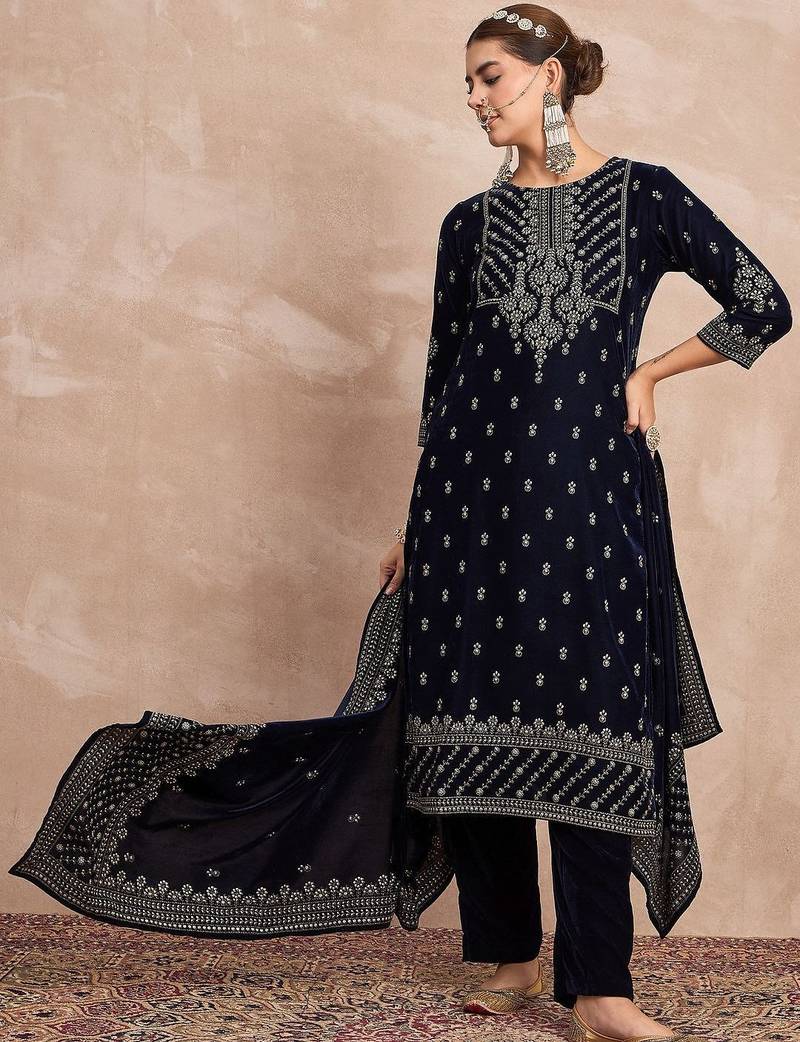 Ethnic Motifs Embroidered Zari Velvet Straight Kurta With Trousers & Dupatta