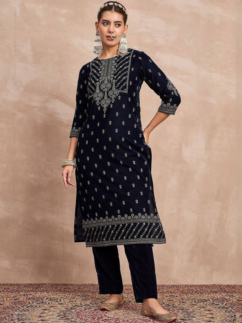 Ethnic Motifs Embroidered Zari Velvet Straight Kurta With Trousers & Dupatta