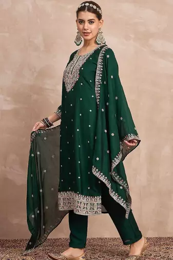 Women Ethnic Motifs Embroidered Regular Thread Work Kurta with Trousers & Dupatta