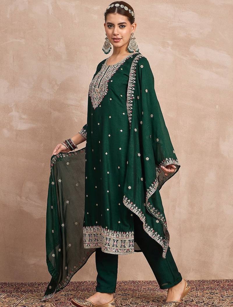 Women Ethnic Motifs Embroidered Regular Thread Work Kurta with Trousers & Dupatta