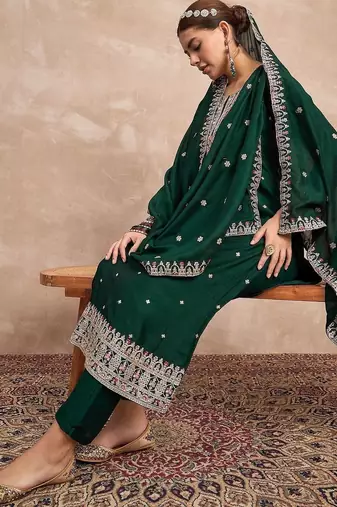 Women Ethnic Motifs Embroidered Regular Thread Work Kurta with Trousers & Dupatta