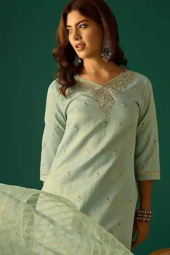 Ethnic Motifs Embroidered Zari Kurta With Sharara & Dupatta