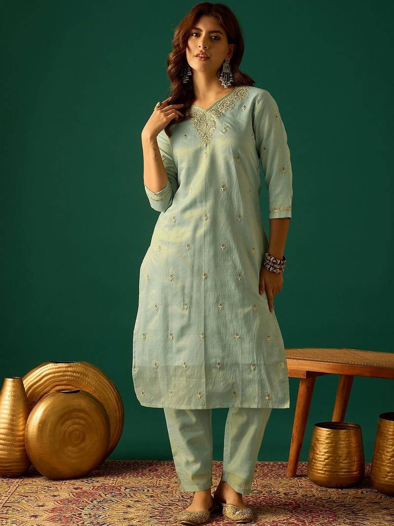 Ethnic Motifs Embroidered Zari Kurta With Sharara & Dupatta