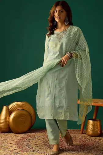Ethnic Motifs Embroidered Zari Kurta With Sharara & Dupatta