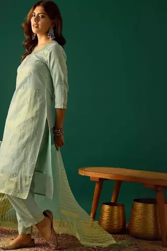 Ethnic Motifs Embroidered Zari Kurta With Sharara & Dupatta