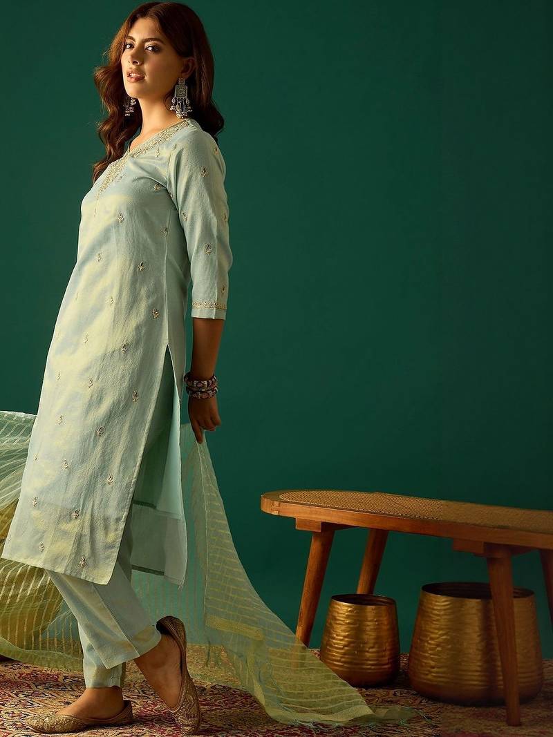 Ethnic Motifs Embroidered Zari Kurta With Sharara & Dupatta