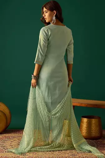 Ethnic Motifs Embroidered Zari Kurta With Sharara & Dupatta