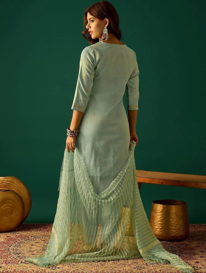 Ethnic Motifs Embroidered Zari Kurta With Sharara & Dupatta