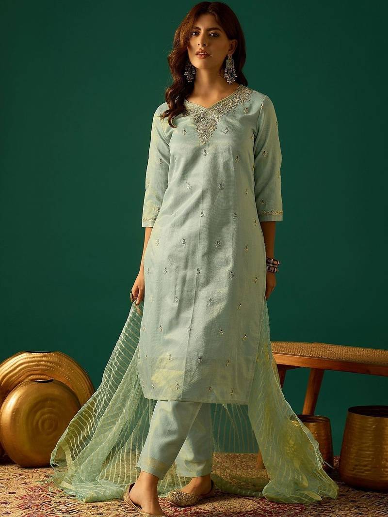 Ethnic Motifs Embroidered Zari Kurta With Sharara & Dupatta