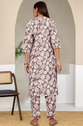 Floral Printed V-Neck Straight Kurta With Trouser