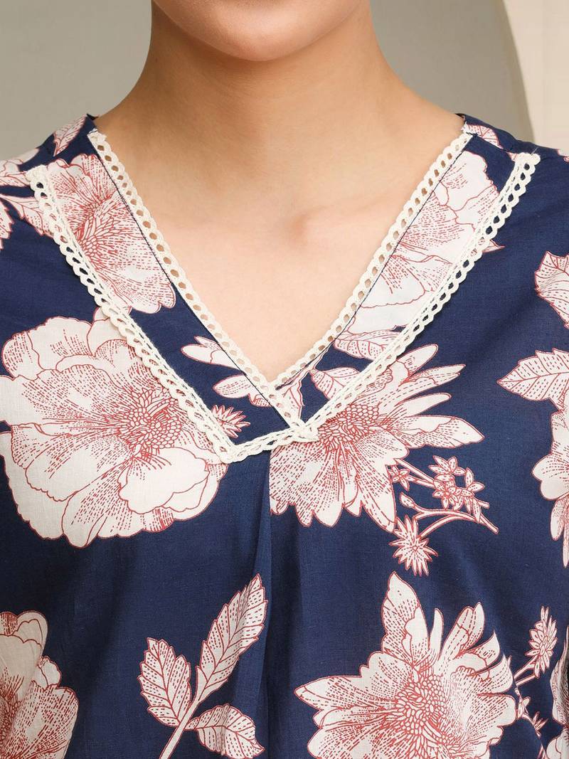 Floral Printed V-Neck Pure Cotton Straight Kurta With Trouser