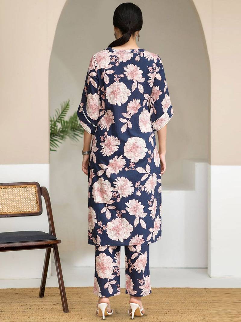 Floral Printed V-Neck Pure Cotton Straight Kurta With Trouser