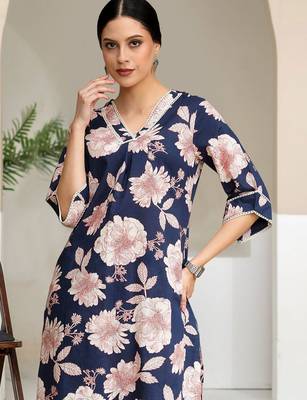Floral Printed V-Neck Pure Cotton Straight Kurta With Trouser 6
