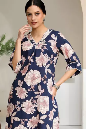 Floral Printed V-Neck Pure Cotton Straight Kurta With Trouser