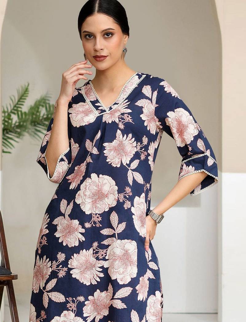 Floral Printed V-Neck Pure Cotton Straight Kurta With Trouser