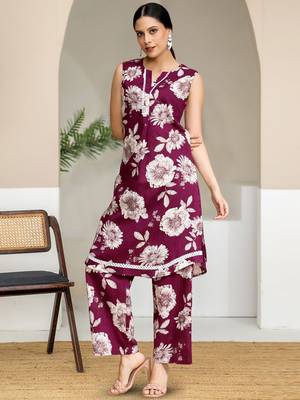 Floral Printed V-Neck Sleeveless Pure Cotton Straight Kurta With Trouser 1