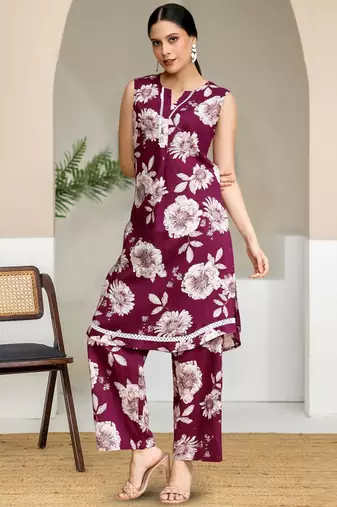 Floral Printed V-Neck Sleeveless Pure Cotton Straight Kurta With Trouser