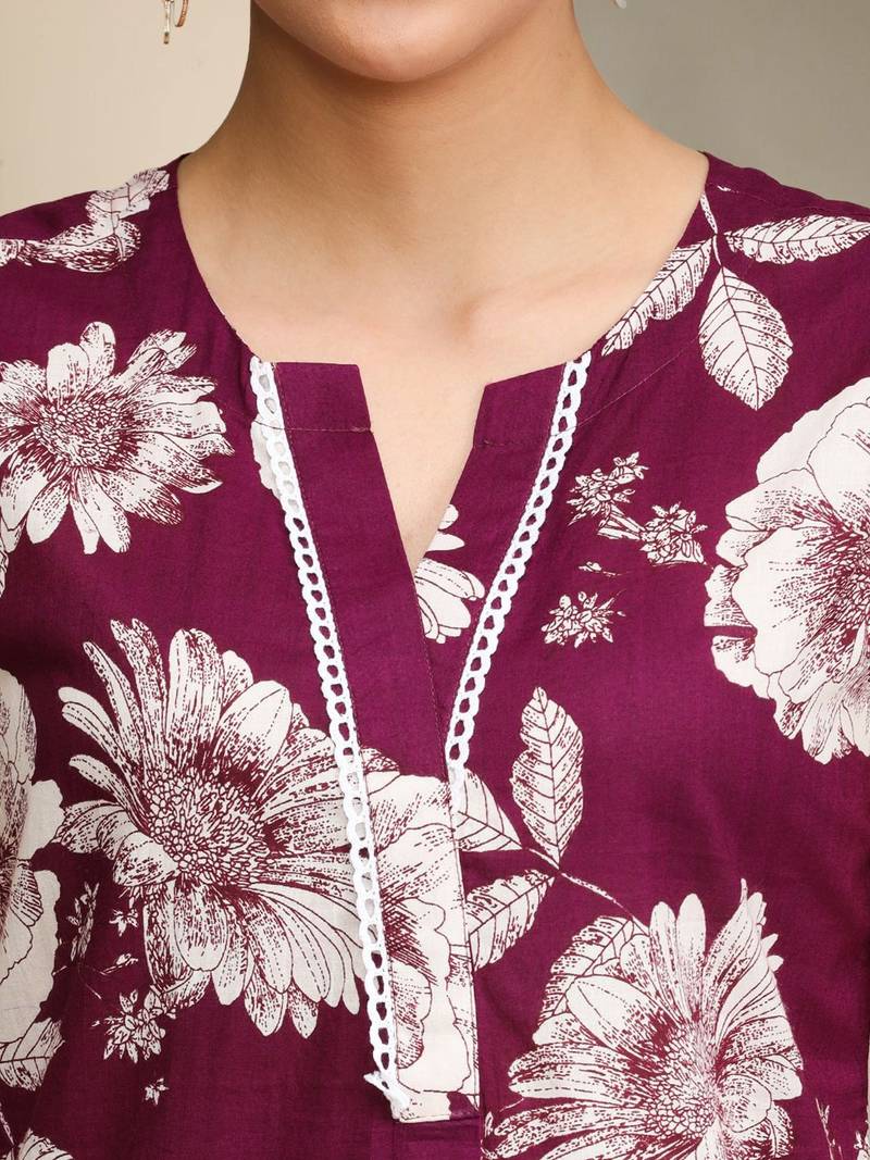 Floral Printed V-Neck Sleeveless Pure Cotton Straight Kurta With Trouser