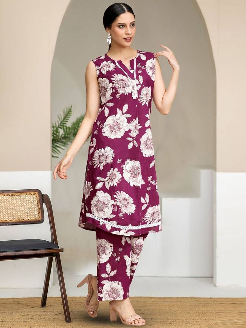 Floral Printed V-Neck Sleeveless Pure Cotton Straight Kurta With Trouser