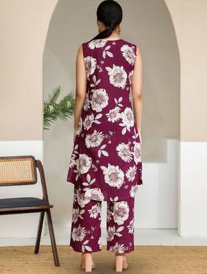 Floral Printed V-Neck Sleeveless Pure Cotton Straight Kurta With Trouser 4