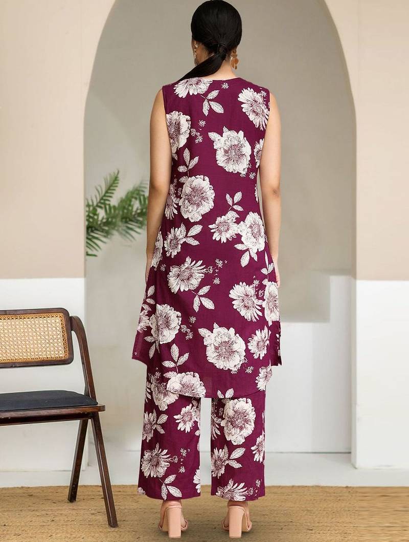 Floral Printed V-Neck Sleeveless Pure Cotton Straight Kurta With Trouser