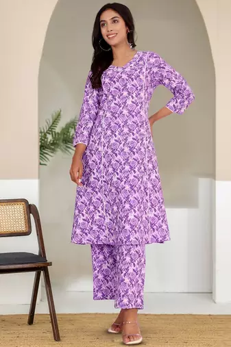 Floral Printed V-Neck Pure Cotton Straight Kurta With Trouser