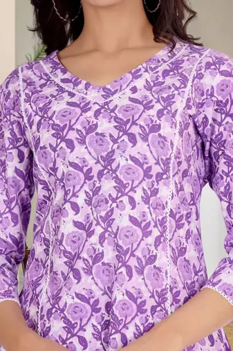 Floral Printed V-Neck Pure Cotton Straight Kurta With Trouser