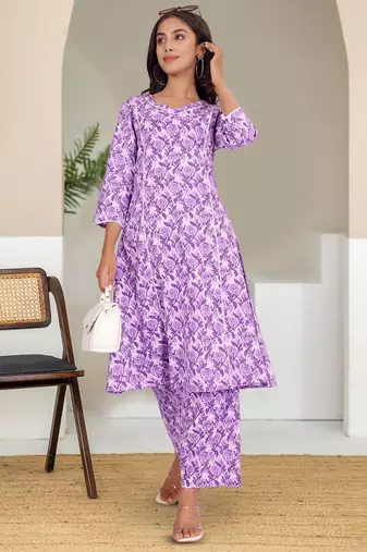 Floral Printed V-Neck Pure Cotton Straight Kurta With Trouser