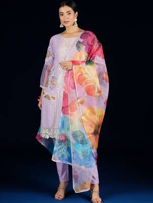 Women Floral Embroidered Cotton Kurta with Trousers & Dupatta 1