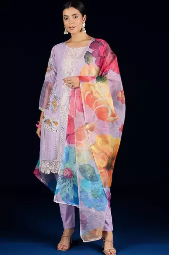 Women Floral Embroidered Cotton Kurta with Trousers & Dupatta